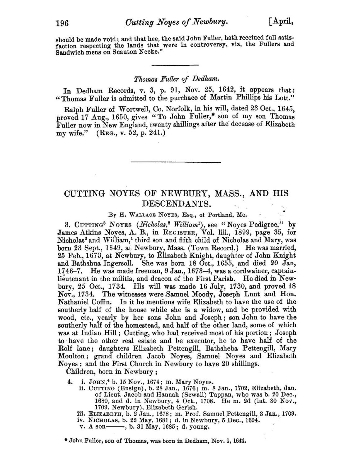 Cutting Noyes of Newbury, Mass. and His Descendants